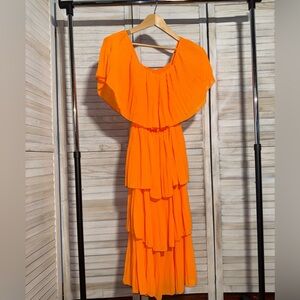 NWOT | Made In Italy | Neon Orange Ruffle Pleated Tiered Maxi Dress